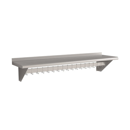Krollen Industrial 15" x 60" Stainless Steel Wall Mounted Pot Rack with Shelf and 18 Galvanized Hooks