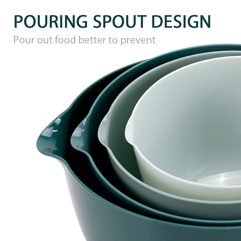 BoxedHome Green Ombre Nesting Plastic Mixing Bowl Set With Pour Spout, Microwave and Dishwasher Safe, BPA free Non-Slip Base, Set of 4 Size 1.7, 2.5, 3.5 and 4.5qt, Great for Prepping, Baking, Cooking