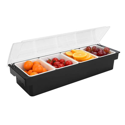 POWLAB Fruit, Veggie & Condiment Caddy with Lid Dispenser Tray Garnish Station for Bartending & Serving Taco (1, 4 Compartment)