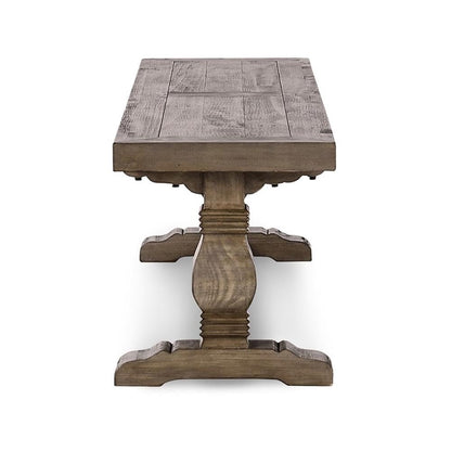 MAKLAINE 66" Transitional Reclaimed Pine Wood Bench, Weathered Brown Finish, Hand-Carved Pedestal Base, Rustic Style Seating for Kitchen or Dining Room, Seats Up to 3
