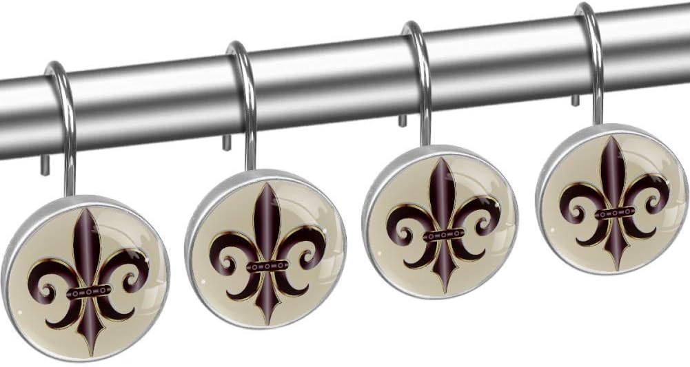 Fleur De Lis New Orleans Flower Crystal Glass Shower Curtain Hooks, Decorative Bathroom Decor - Set of 12