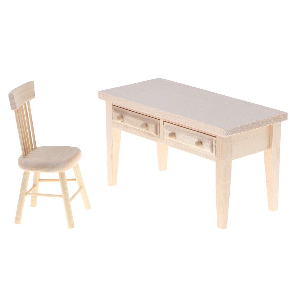 Haomian 1/12 Scale Miniature Wooden Dollhouse Furniture Set Desk and Chair Rustic Light Brown Dollhouse Furniture with Openable Drawers for Kids Role Play DIY Decor Photography Props