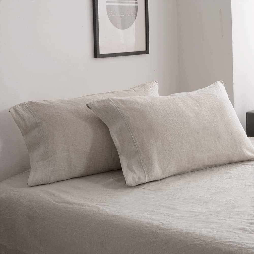 Simple&Opulence 100% French Linen Pillowcase, Queen Size Set of 2, Washed Solid Color Embroidered, Soft Durable