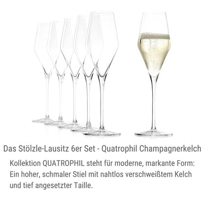 Stölzle Lausitz Champagne Glasses Quatrophil Set of 6, 9 3/4 oz – Champagne Flutes for Sparkling Wine & Prosecco – Crystal Glasses Made in Germany – Dishwasher & Shock Resistant