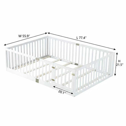 KEIKI Full Floor Bed with 21.5" Safety Guardrails & Door, Kids Floor Bed Frame with 6 Slats, Solid Wood Montessori Bed for Toddler Bedroom, White