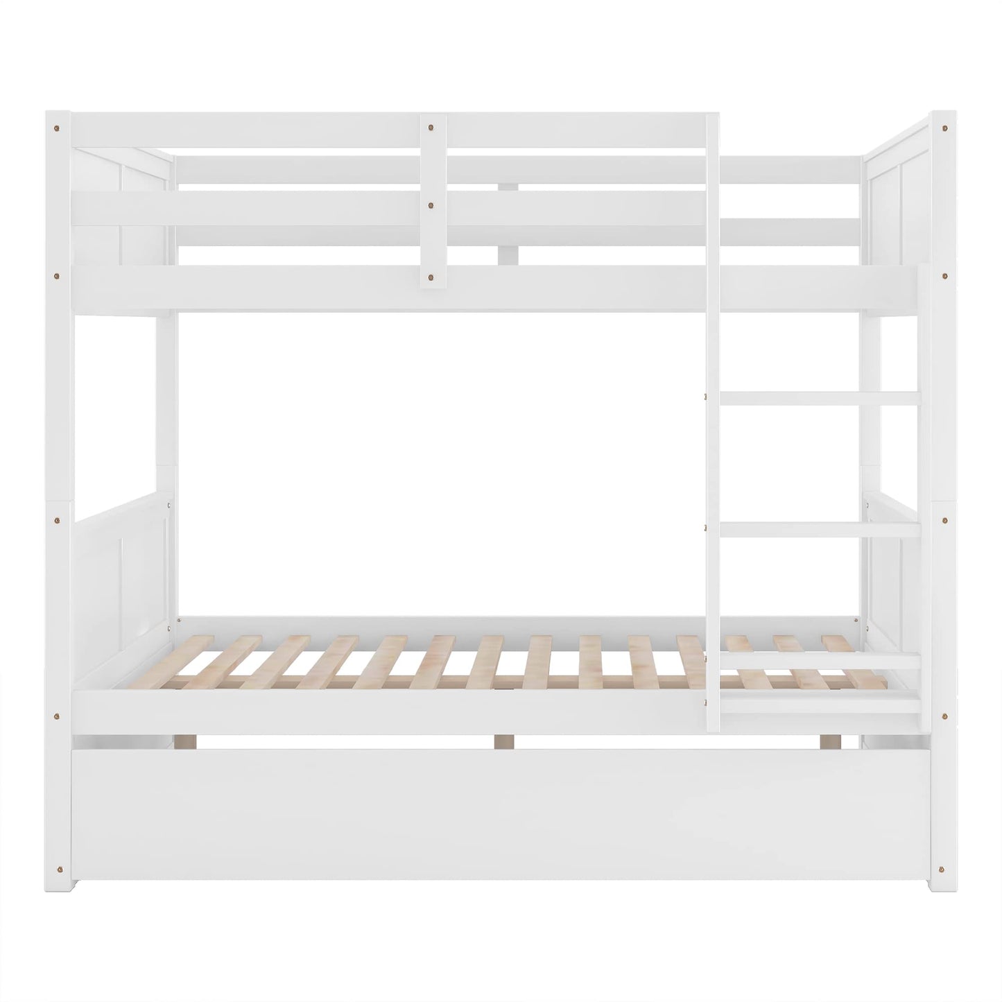 Full Over Full Bunk Bed with Trundle, Wooden Trundle Bed Frame with Ladder Safety Guardrail, Convertible to 2 Platform Beds for Kids Teens, White