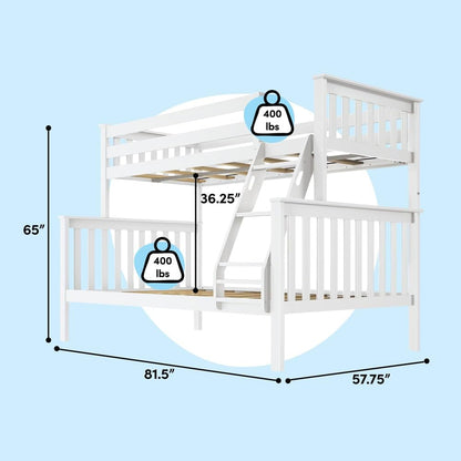 Max & Lily Bunk Bed Twin Over Full Size with Ladder, Solid Wood Platform Bed Frame with Ladder for Kids, 14" Safety Guardrails, Easy Assembly, No Box Spring Needed, White