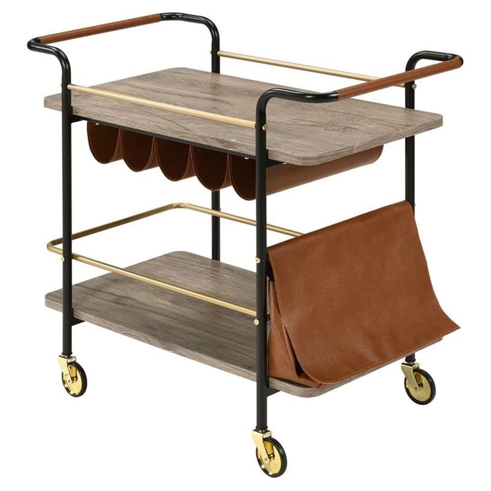 Acme Naude 2-Shelf Wood Serving Cart with Wheel in Gold and Black