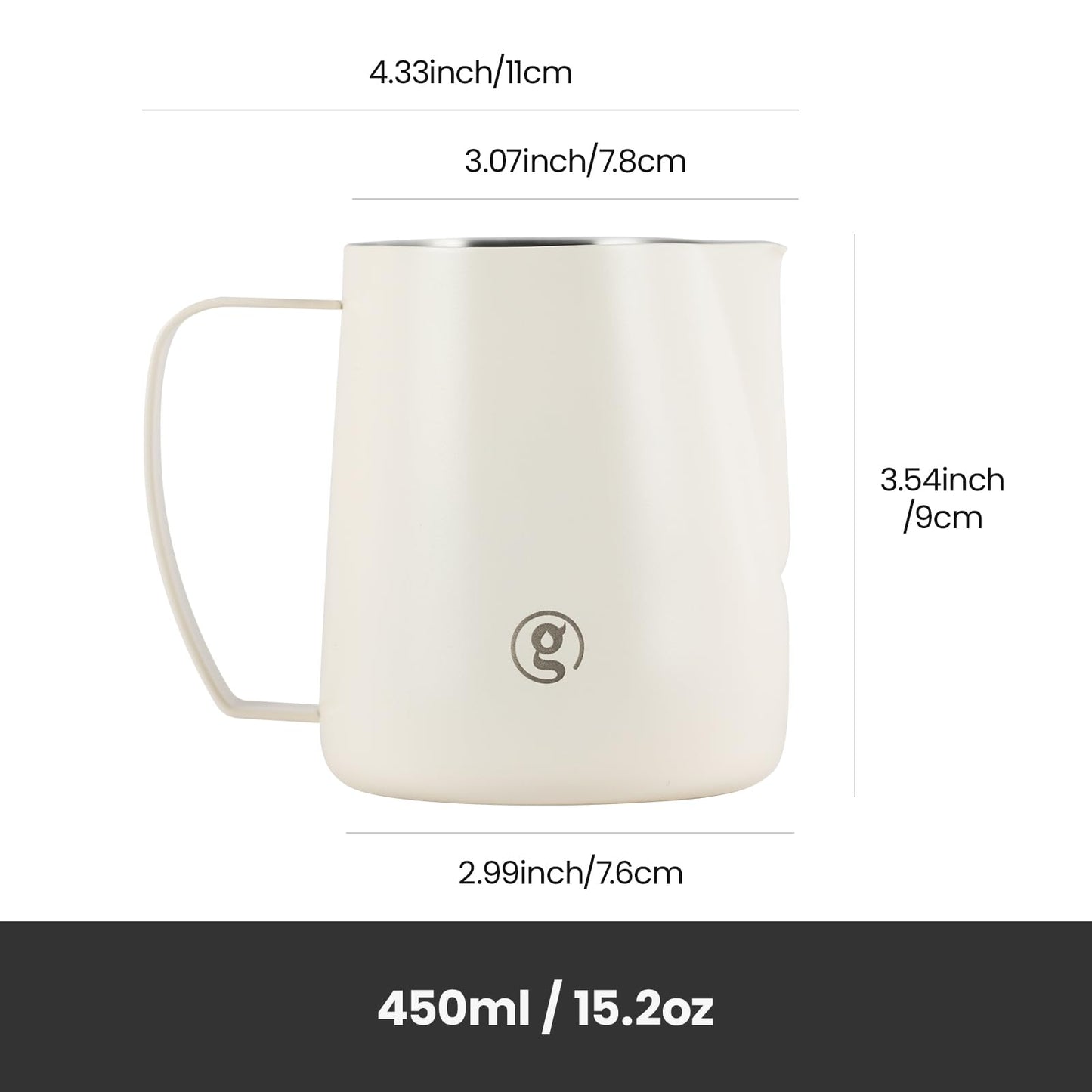 Gemilai 450ml Milk Frothing Pitcher -15.2oz Professional Coffee Steaming Jug for Lattes, Cappuccinos & Espresso, Heat-Resistant Handle, Easy Pour Spout, Durable & Easy to Clean,White