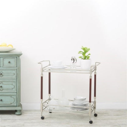 Scranton & Co Serving Cart, 31.25" W x 16.5" D x 30" H, Brushed Nickel Metal Frame, Walnut Wood Accents, Tempered Glass Shelves, Mobile Bar Cart for Entertaining