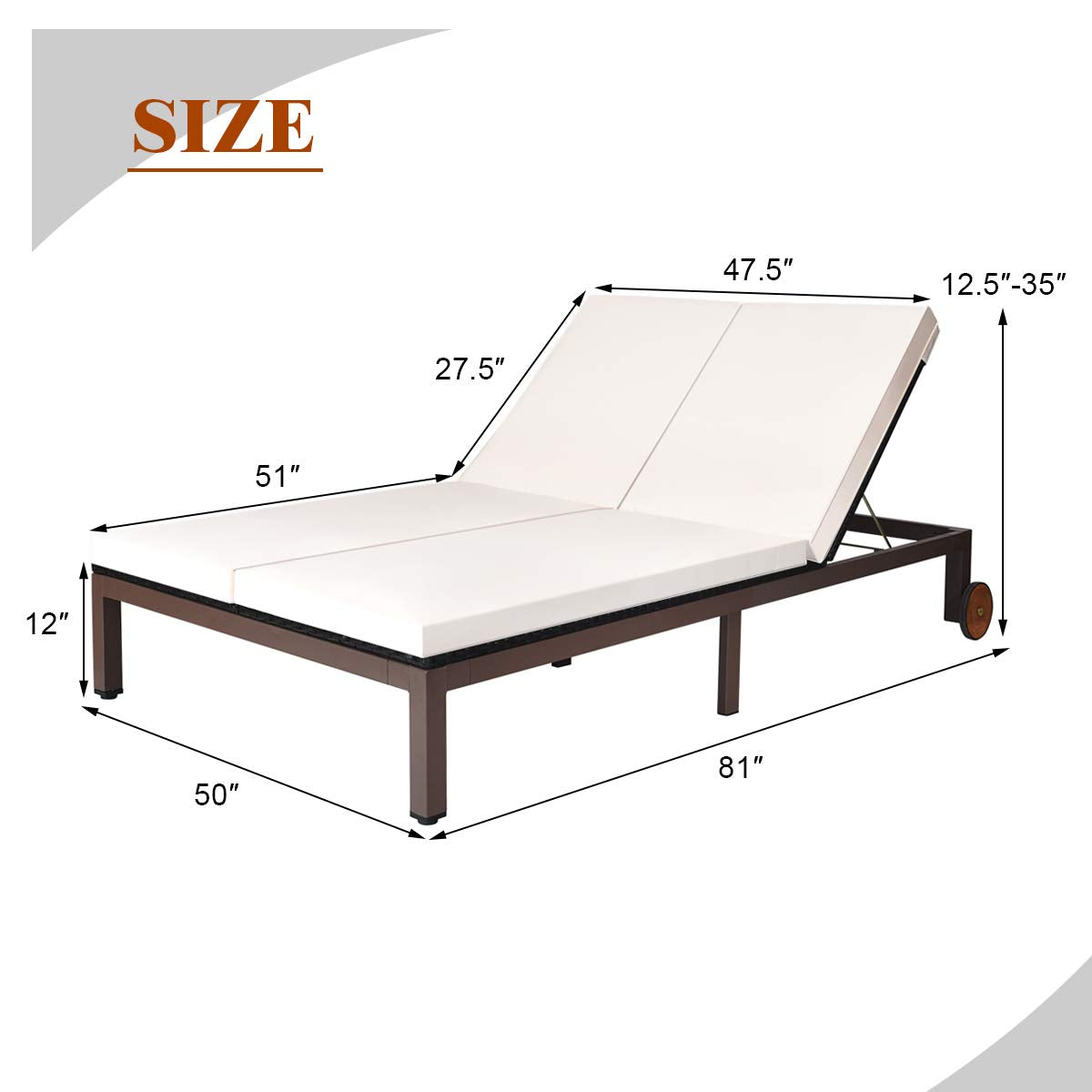 Tangkula 2-Person Patio Lounge Chair, Outdoor Rattan Double Wicker Daybed Chaise with Adjustable Backrest Wheels & Cushion, Loveseat Sofa for Garden Lawn Backyard (Cream)