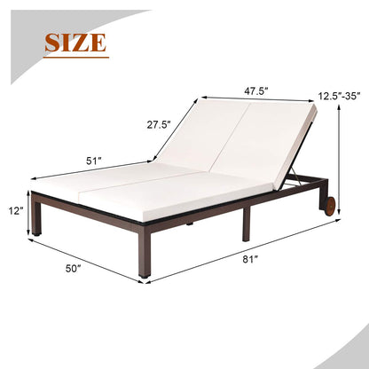 Tangkula 2-Person Patio Lounge Chair, Outdoor Rattan Double Wicker Daybed Chaise with Adjustable Backrest Wheels & Cushion, Loveseat Sofa for Garden Lawn Backyard (Cream)