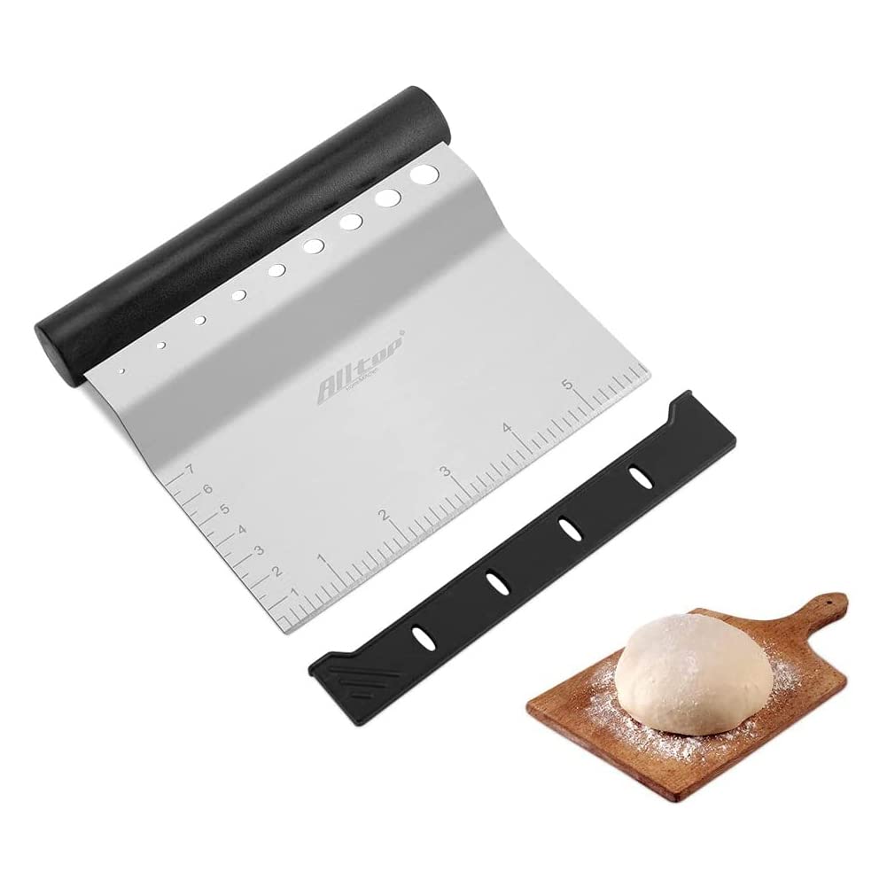 ALLTOP Bench Scraper & Chopper with Herb Stripper,Stainless Steel Multipurpose Kitchen Baking Tool for Bread Dough Pastry Cake -Leaf Remover with Plastic Handle &Upgraded Protective Cover