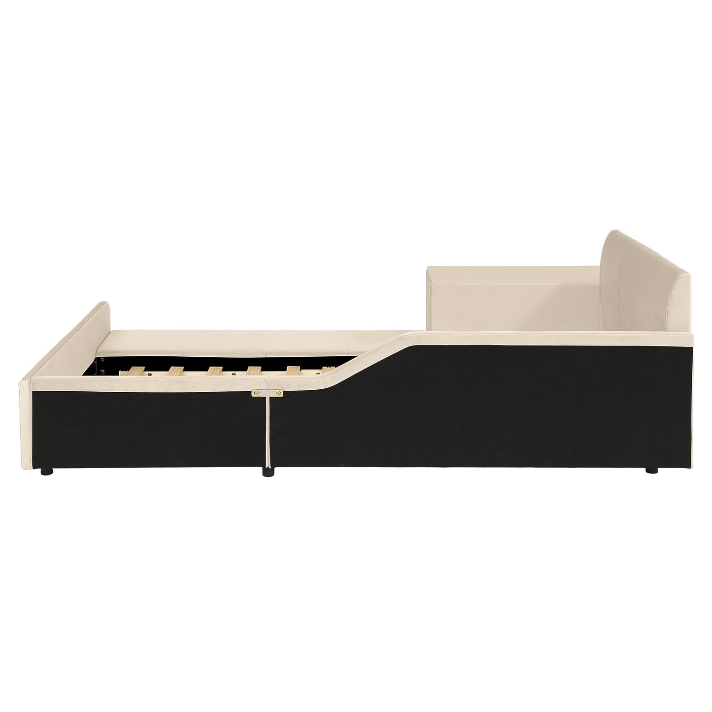 Merax Queens Size Velvet Bed Frames Upholstered Grounded Bed, Wooden Mother & Child Bed with Bedside Desk and Little Round Stool,Kids Adults Bedroom Floor Platform Bed,Beige