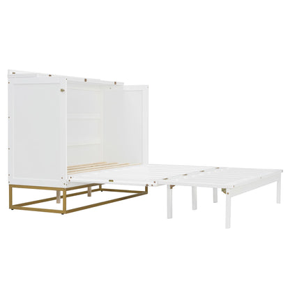 Merax Queen Size Murphy Cabinet Bed, Wood Folding Bed Frame with Wood Doors and Fake Drawers Design, Space-Saving Wall Bed for Guest Room and Home Office