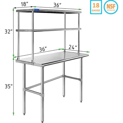 Express KitchQuip Stainless Steel Open Base Table with Wide Double Tier Overshelf | Metal Kitchen Prep & Shelving Combo (24" x 36" Open Base Table + 18" Overshelf)