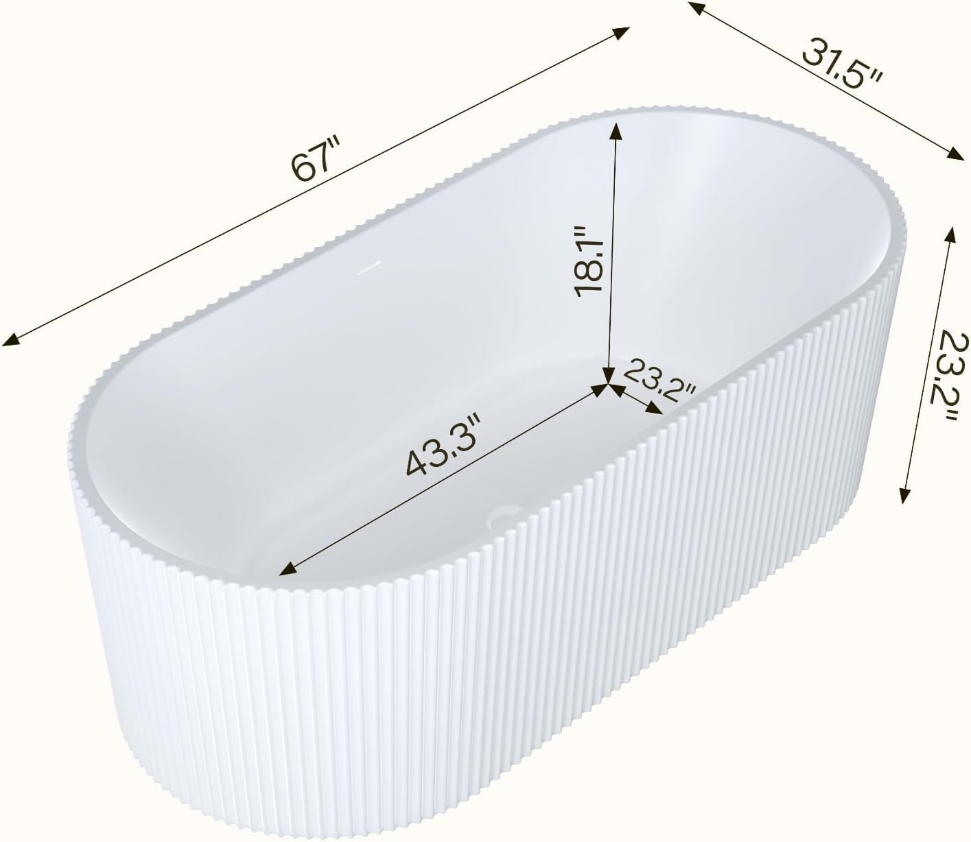 Garvee 67" Deep Soaking Bathtub, Non-Slip Acrylic Tub with Chrome Drain, CUPC Certified, Ergonomic Modern Bath for Bathrooms, Easy-Install, White Striped