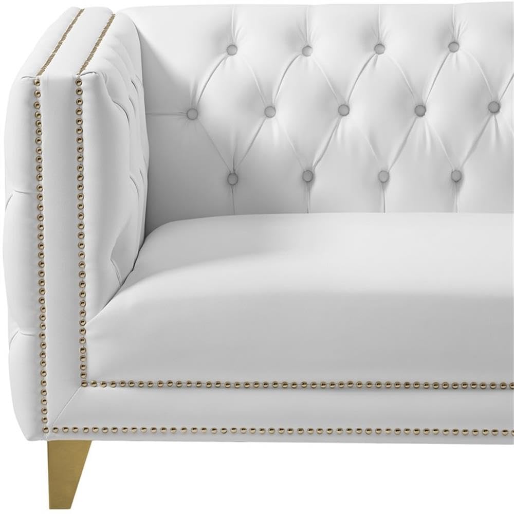 Meridian Furniture 651White-S Michelle Collection Modern | Contemporary Sofa with Deep Button Tufting, Gold Nailhead Trim and Sturdy Gold Iron Legs, White Vegan Leather, 90" W x 34" D x 30" H