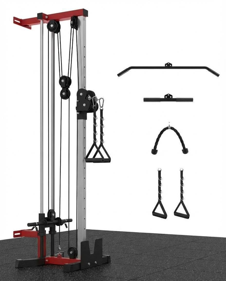 Wall Mount Cable Machine, Dual Pulley Cable Crossover & LAT Pulldown System for Home Gym with 19 Adjustable Positions, Tricep Rope, LAT Bar & Footboard, Space-Saving Garage Fitness Equipment