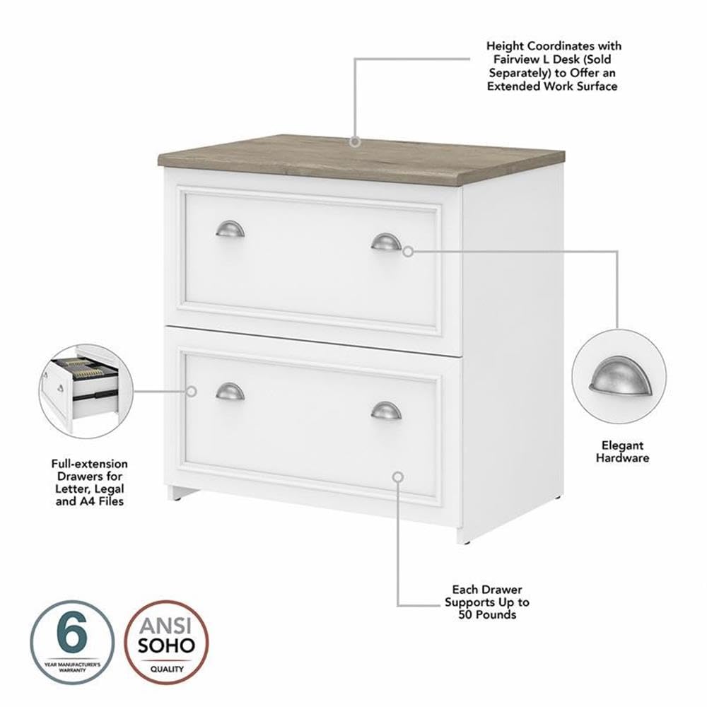 BOWERY HILL 2 Drawer Lateral File Cabinet, 30W x 20D x 30H, Engineered Wood, Pure White and Shiplap Gray Finish, Smooth Ball Bearing Slides, Farmhouse Style Home Office Filing Storage