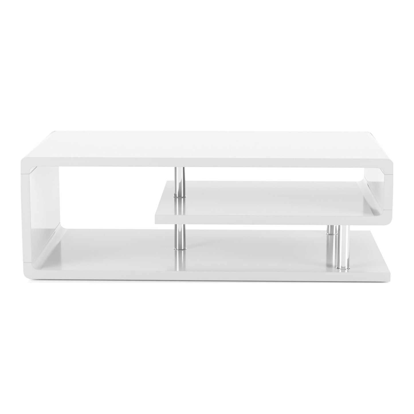 24/7 Shop At Home Vannie 47” Modern Rectangle Coffee Table, Contemporary Furniture, G-Shaped Open Shelf Storage For Living Room, Home Office, Bedroom, Gloss Coating, Round Edge, White