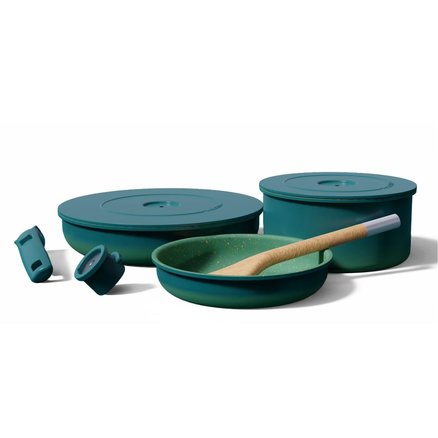 Ombré Ceramic Titanium Non-Toxic, Nonstick Cookware Set 8-Piece Modular System with Removable Handle and Magnetic Lid, Magnetic Spatula, Eco-Friendly, Oven & Dishwasher Safe (Green)