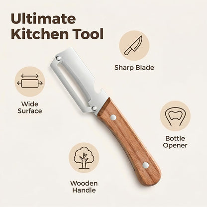 Skiennix Multi-Functional Vegetable Peeler - 2-in-1 Stainless Steel with Wooden Handle & Bottle Opener | Ideal for Potatoes, Pumpkins, Zucchini (2 Pcs)