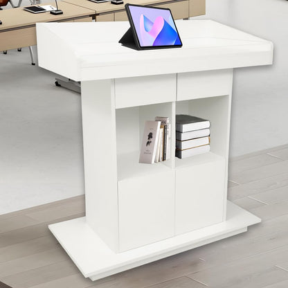 Podiums Standing Wooden Podium Teacher Podium Suitable for Weddings Churches Lecture Halls and classrooms with Three-Tier Storage Shelves,White,L39.4″×W19.6″×H44.3″