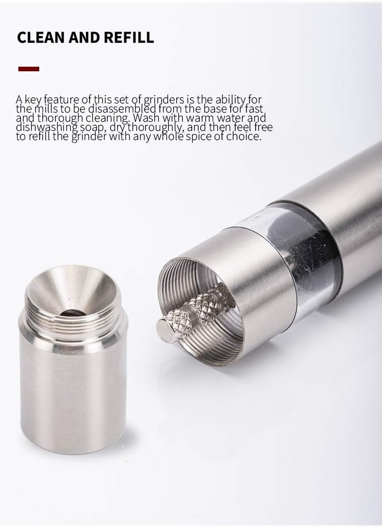 MINI Stainless-Steel One-Handed Thumb Push Button Salt and Pepper Grinder for Black Pepper or Himalayan Salt