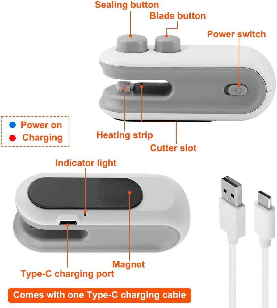 Mini Bag Sealer, USB-C Rechargeable 2 in 1 Heat Sealer with Cutter, Portable Resealer for Food Storage