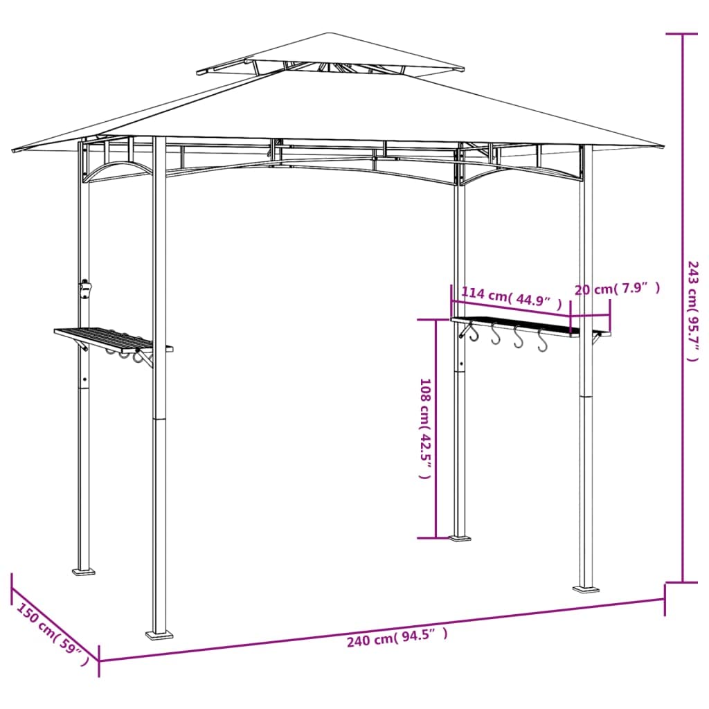 Xhnifbn Anthracite Steel BBQ Gazebo 94.5 x 94.5 x 95.7 in Powder-Coated Frame Double-Tier Roof Outdoor Canopy for Backyard Grilling, Family Reunion, Patio Party