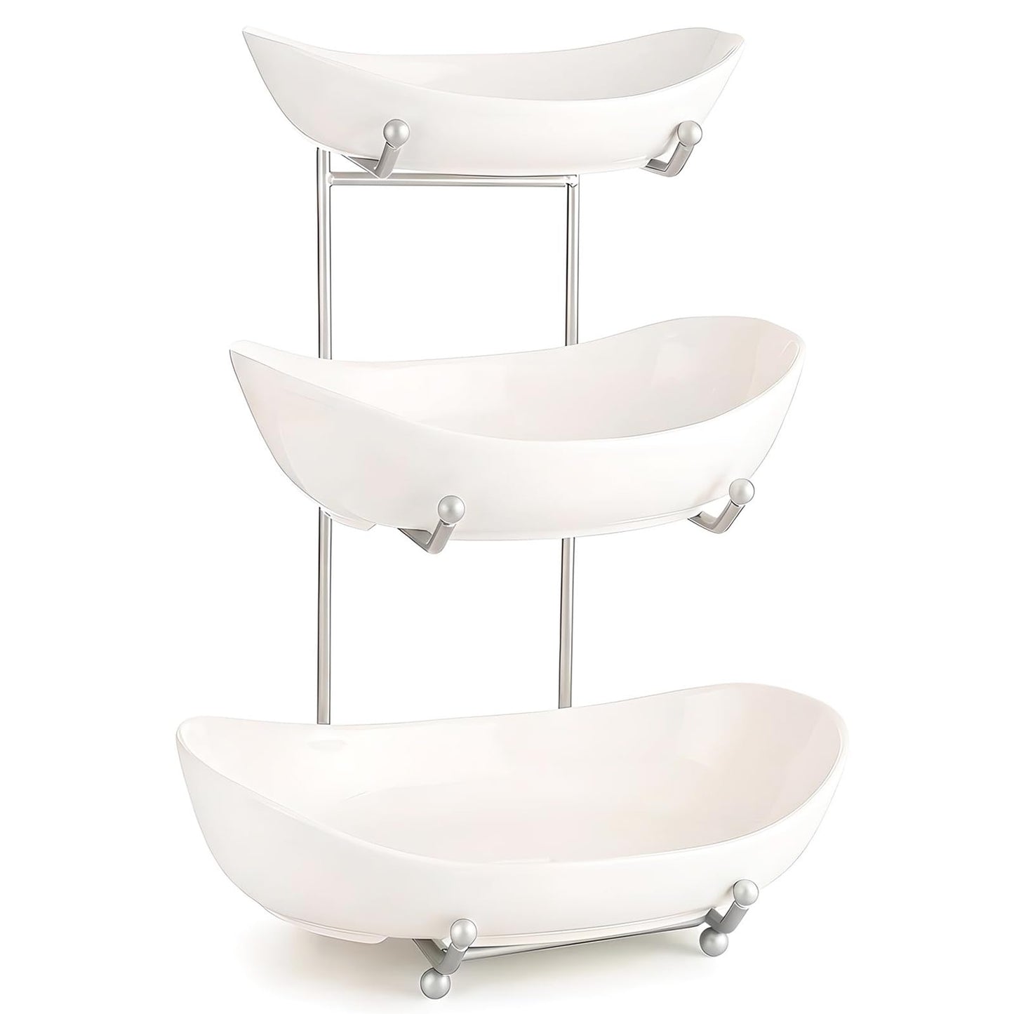 MEIGLQEA 3 Tier Fruit Basket for Kitchen Counter, Silver/White Ceramic Fruit Bowl for Countertop, Home Fruit Rack with Holder, Vegetable Bowl Snacks Nuts Bread Candy Storage (White)