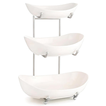 MEIGLQEA 3 Tier Fruit Basket for Kitchen Counter, Silver/White Ceramic Fruit Bowl for Countertop, Home Fruit Rack with Holder, Vegetable Bowl Snacks Nuts Bread Candy Storage (White)