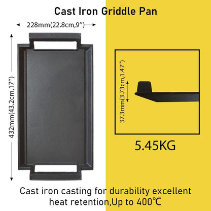 COVERCOOK Griddle Pan, Cast Iron Grill Hot Plate, Rectangular Grill with Flat Surface for Electric Stove Top and Induction Cooktop,16.7 x 9.1in