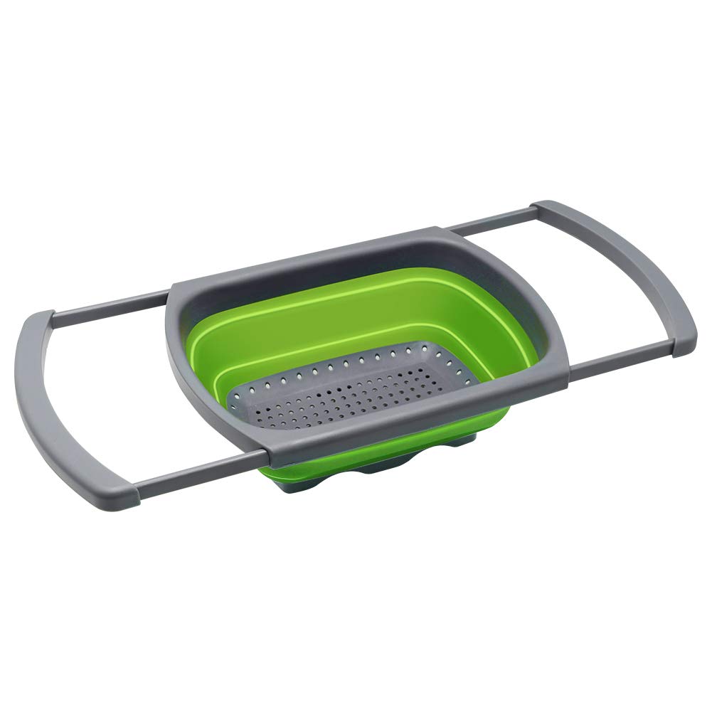 Qimh Colander collapsible, Colander Strainer Over The Sink Vegetable Fruit Strainer Basket (6 Quart) with Extendable Handles, New Kitchen Essentials