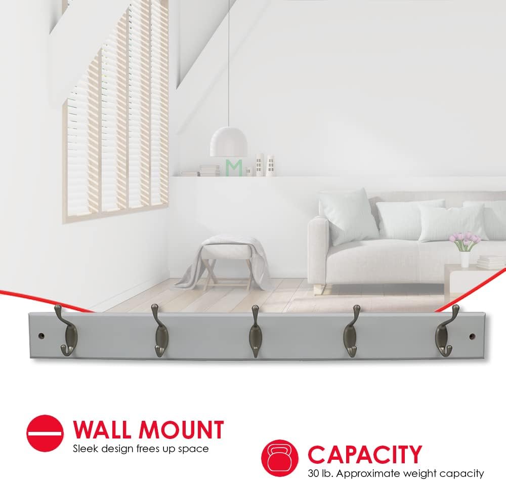 Home Basics Durable 5-Double-Hooks Wall Mounted Hanging Rack (White) for Entry Way or Garage