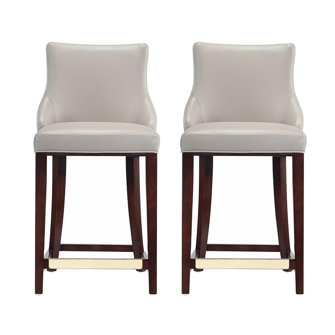 Manhattan Comfort Shubert Modern 26 Inch Bar Stools - Elegant Faux Leather Upholstery, Foam Padded Seat, Solid Beech Wood Base with Gold Metal Footrest, Fully Assembled Barstools, Set of 2, Light Grey
