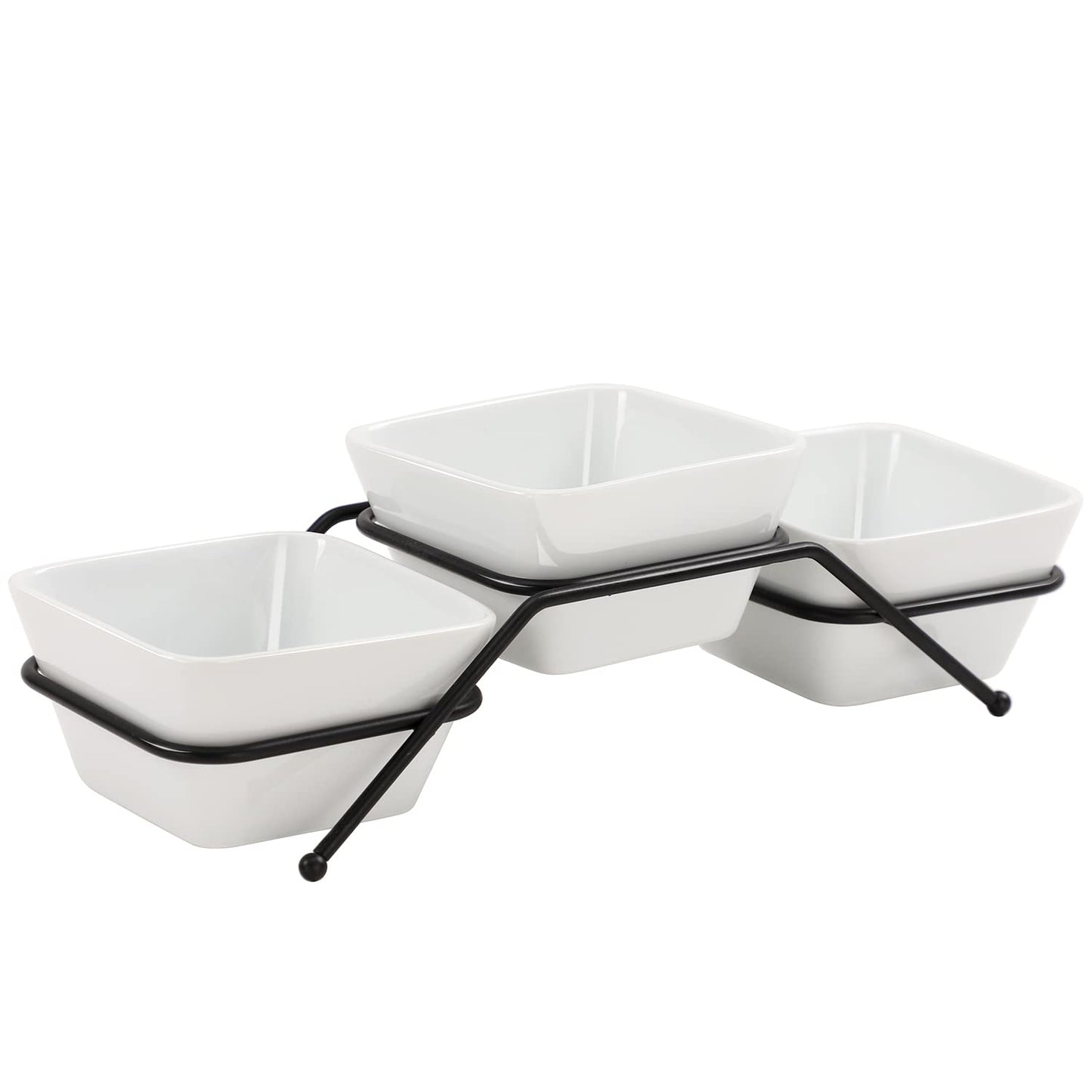 Buyajuju 3 pcs square bowl Porcelain Chip & Dip Serving Set with Black Metal Stand, 4.5inch White Small Serving Bowls for Side Dishes, Salsa, Appetizer, Serving Dishes for Entertaining 11.5 OZ