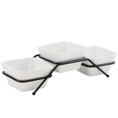 Buyajuju 3 pcs square bowl Porcelain Chip & Dip Serving Set with Black Metal Stand, 4.5inch White Small Serving Bowls for Side Dishes, Salsa, Appetizer, Serving Dishes for Entertaining 11.5 OZ