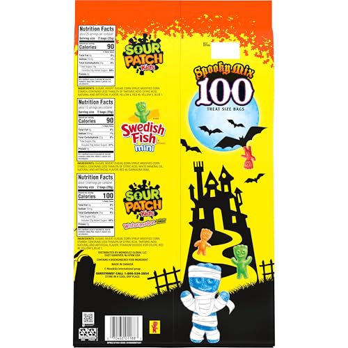 SOUR PATCH KIDS & SWEDISH FISH Mini Halloween Candy Variety Pack, Bulk Candy, 100 Trick or Treat Bags