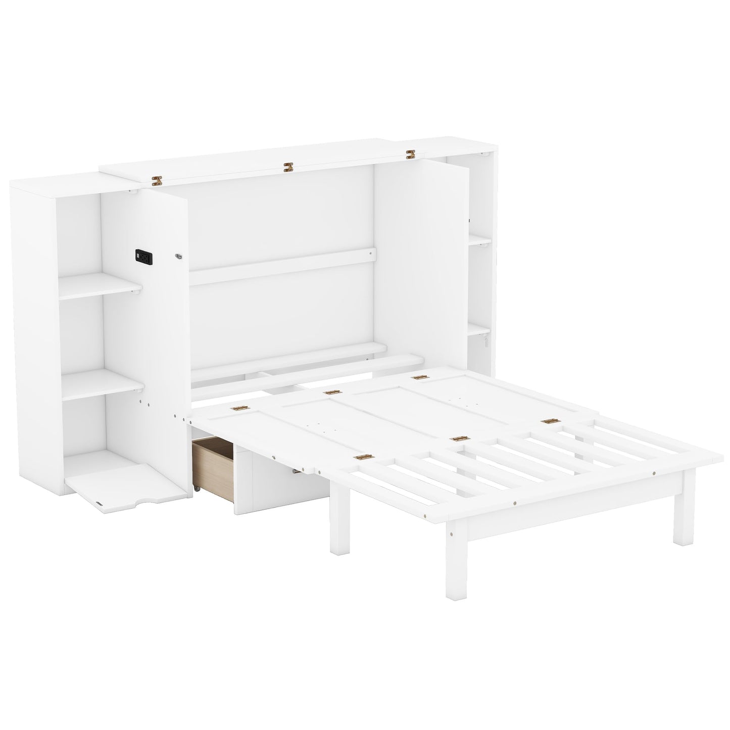 Merax Murphy Bed Queen Size Cabinet with Storage 2 Drawers 6-Layer Shelves and USB Ports, Wood Versatile Platform Bed Frame