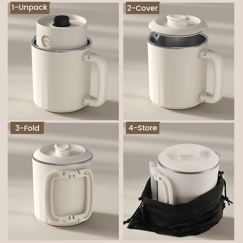 Portable Travel Kettle, 600ML Small Electric Kettle with Foldable Handle, Food Grade Stainless Steel Collapsible Water Boiler with Dual Modes, Compact Portable Kettle for RV, Camping, Beige