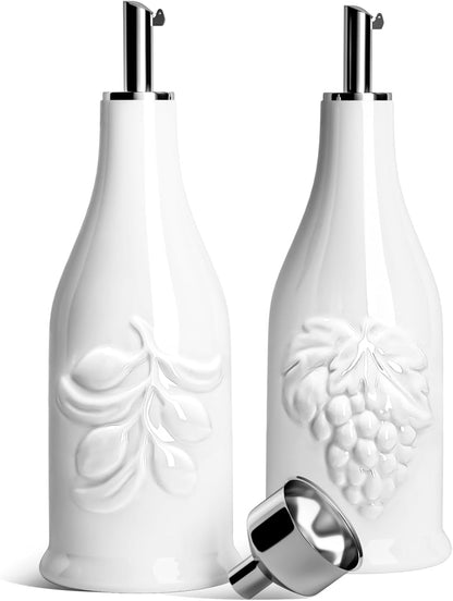 Set, 12 oz/350ml, 2 Pack, HOMBENE Ceramic Oil & Vinegar Dispenser Dripless Spout, Porcelain, Reusable, Cooking