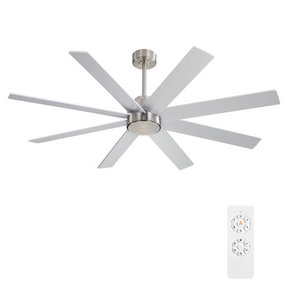 WINGBO 60" Large DC Ceiling Fans without Lights, 3 Downrods, 8 Plywood Blades, 6-Speeds Reversible DC Motor, Indoor Ceiling Fan No Lights for Bedroom Living Room Patio, Brushed Nickel and Silver