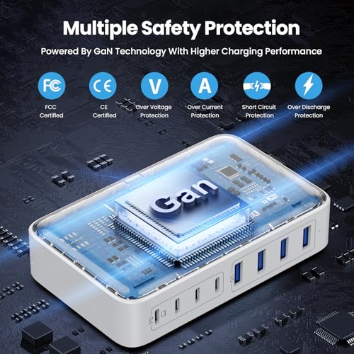 USB C Charger 200W USB C Charger Block,Upgraded GaN III 8-Port Fast Charging Station Hub,PD 65W Laptop Charging Adapter Compatible with MacBook Pro/Air,DELL,Steam Deck,iPhone 16/15/14,Galaxy S23/22