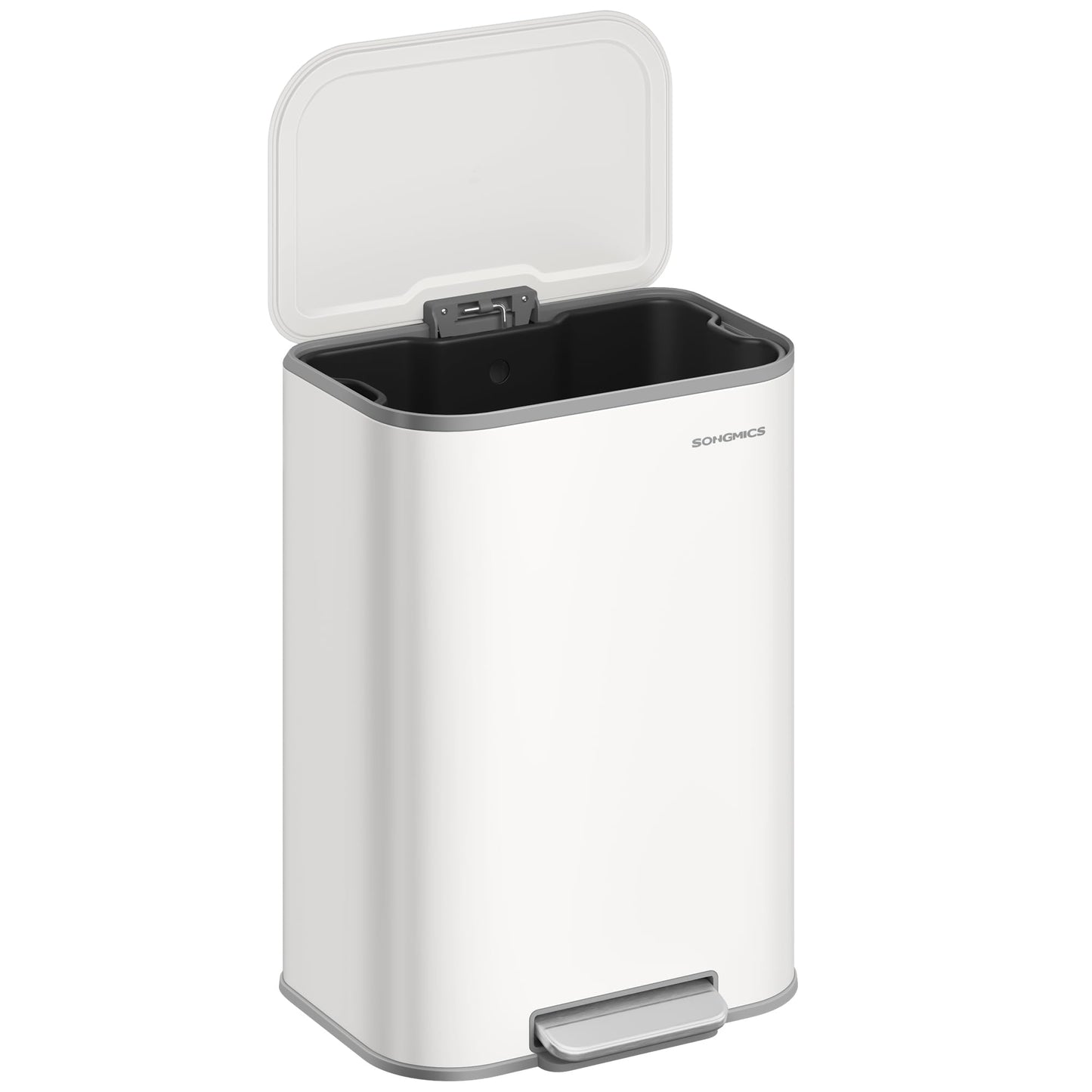 SONGMICS Kitchen Trash Can, 13-Gallon (50 L) Garbage Can with Lid, Stainless Steel, Soft Close and Stays Open, Inner Bucket, Wide Non-Slip Pedal, Cloud White ULTB547W01
