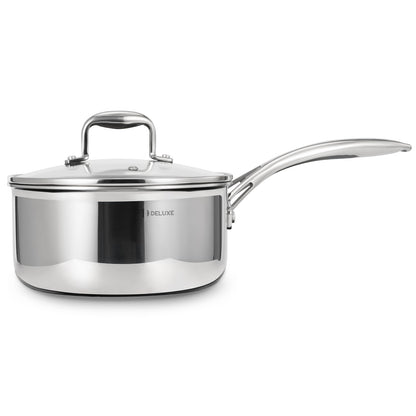 DELUXE Hybrid Ceramic Nonstick 3-Quart Saucepan with Tempered Glass Lid, Stainless Steel Pot with Stay-Cool Handle, Dishwasher Oven Safe, Induction Ready, PFOA Free Compatible with All Cooktops