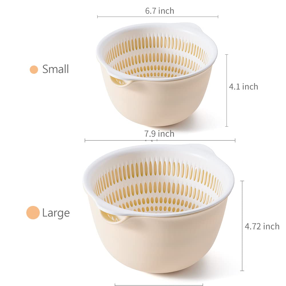 2 in 1 Kitchen Colander Set with Bowl Strainer (2 Sets 2.5 Qt),BPA Free Plastic Fruits and Vegetable Washing Basket,Dishwasher Friendly Double Layered Drain Basin,for Pasta Salad Berry Cleaning Mixing