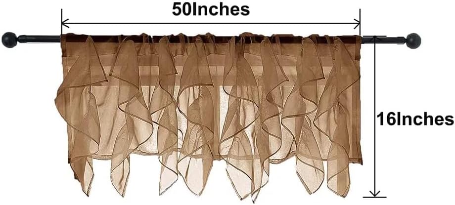 PearAge Rust Brown Ruffled Voile Semi Sheer Curtain Valance, Shabby Chic Ruffle Valance 50x16 Inches