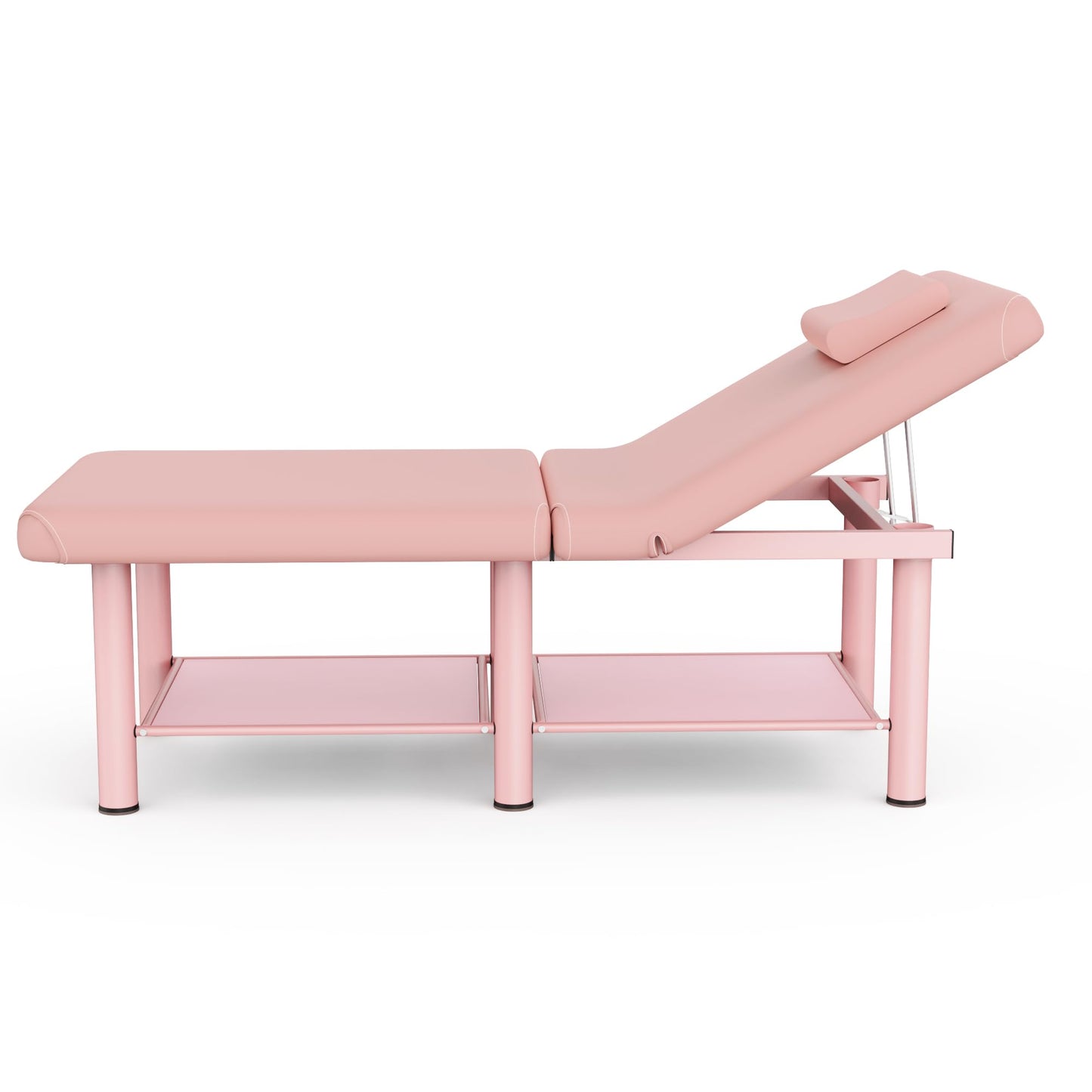 Folding Stationary Massage Table with Backrest and Storage Space for Treatment Table Physical Therapy Table Spa Facial Bed, 6 Round legs Metal Frame PU Leather, 30.5'' Wide × 75'' Long - Pink